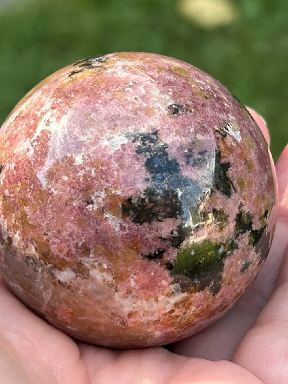 Rhodonite Crystal Sphere 50.8mm – Pink & Black Natural Stone – 9.7 oz